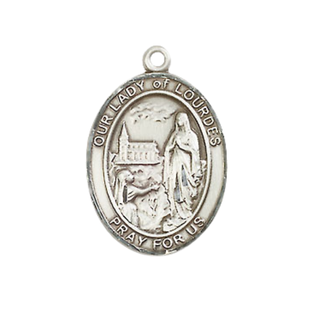 Medium Men's .925 Sterling Silver Our Lady of Lourdes Medal Pendant on 24 Inch Endless Rhodium Plated Heavy Curb Brass Chain, Catholic Religious Necklace - Made in USA- Deluxe Velvet Gift Box