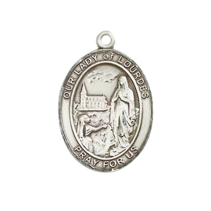 Medium Men's .925 Sterling Silver Our Lady of Lourdes Medal Pendant on 24 Inch Endless Rhodium Plated Heavy Curb Brass Chain, Catholic Religious Necklace - Made in USA- Deluxe Velvet Gift Box
