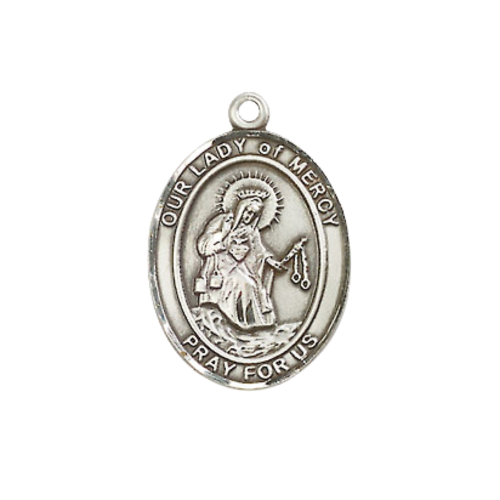 Everlasting Light Jewelry Medium Women's Pewter Our Lady of Mercy Pendant Necklace on 18- inch Rhodium- Plated Lite Curb Brass Chain – Patroness of Barcelona, Spain, Catholic Medal – Velvet Gift Box Included