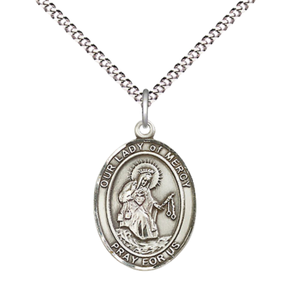 .925 Sterling Silver Our Lady of Mercy Medal Pendant on 18 Inch Rhodium Plated Lite Curb Brass Chain with Lobster Claw Clasp, Catholic Religious Necklace - Made in USA- Prayer Card Included