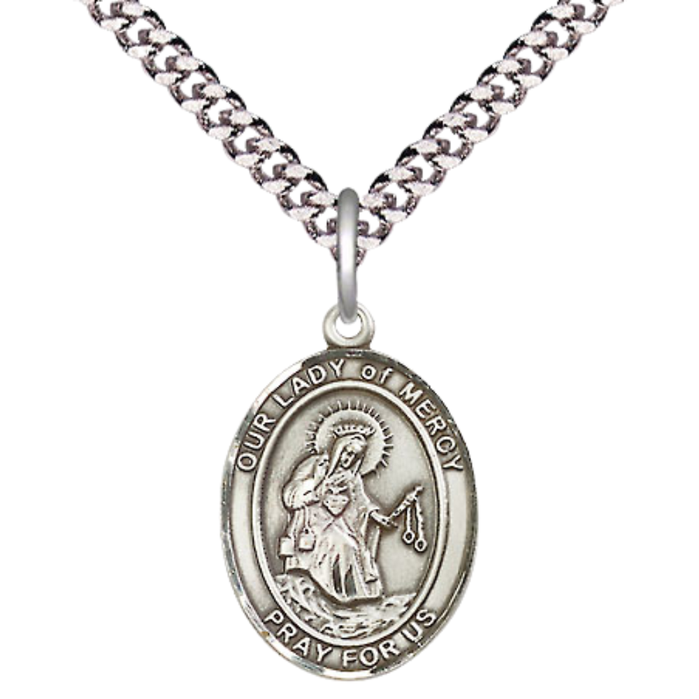 Everlasting Light Jewelry Medium Men's Pewter Our Lady of Mercy Medal Pendant on 24 Inch Endless Rhodium Plated Heavy Curb Brass Chain, Catholic Religious Necklace - Made in USA- Deluxe Velvet Gift Box