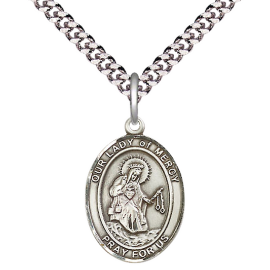Everlasting Light Jewelry Medium Men's Pewter Our Lady of Mercy Medal Pendant on 24 Inch Endless Rhodium Plated Heavy Curb Brass Chain, Catholic Religious Necklace - Made in USA- Deluxe Velvet Gift Box