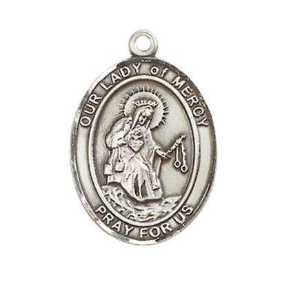 Everlasting Light Jewelry Medium Men's Pewter Our Lady of Mercy Medal Pendant on 24 Inch Endless Rhodium Plated Heavy Curb Brass Chain, Catholic Religious Necklace - Made in USA- Deluxe Velvet Gift Box