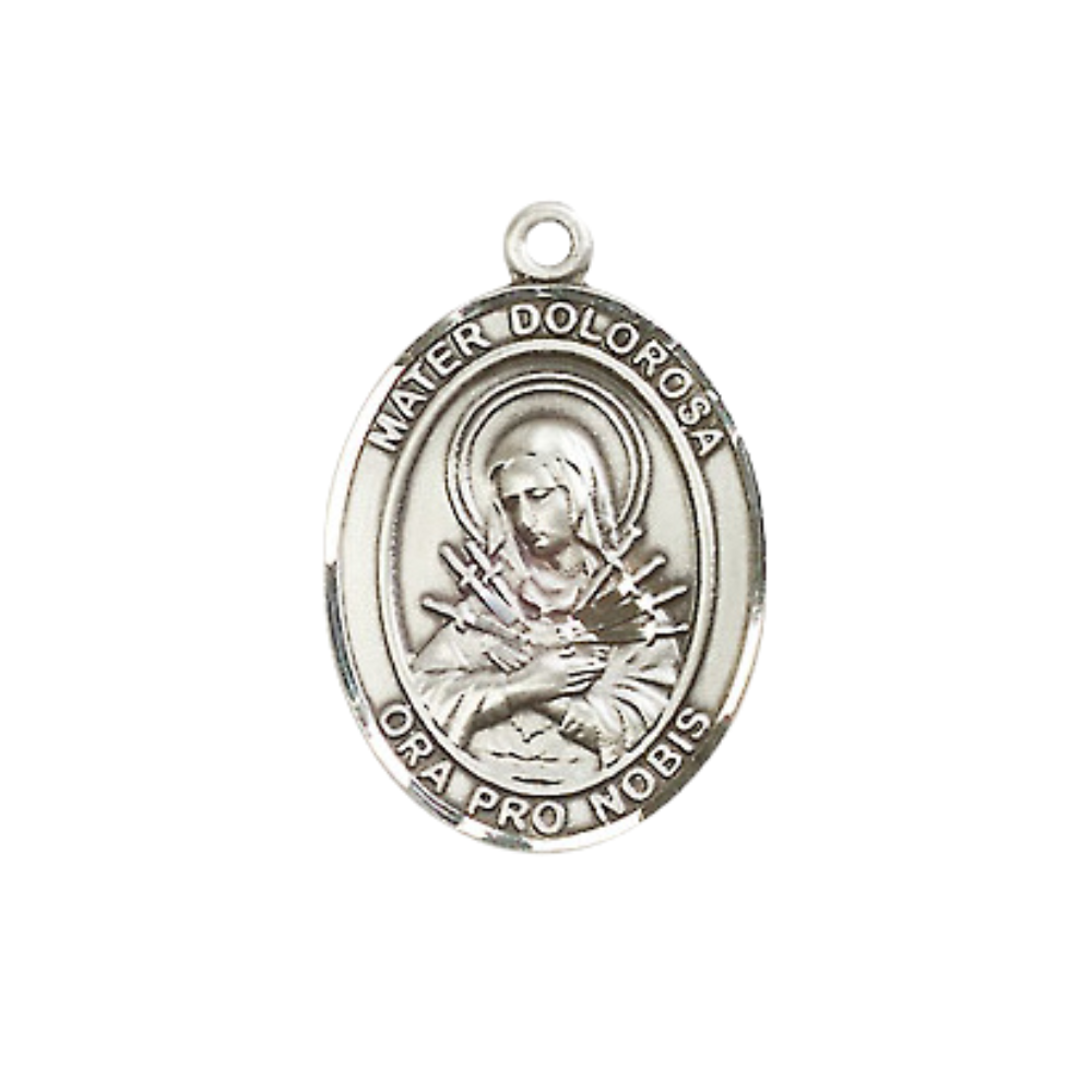 Medium Women's .925 Sterling Silver Mater Dolorosa Pendant Necklace on 18- inch Rhodium Plated Lite Curb Brass Chain – Catholic Religious Jewelry – Velvet Gift Box Included