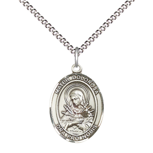 Everlasting Light Jewelry Medium Women's Pewter Mater Dolorosa Pendant Necklace on 18- inch Rhodium- Plated Lite Curb Brass Chain – Our Lady of Sorrows, Catholic Medal – Velvet Gift Box Included