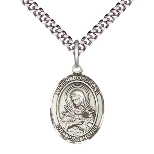 Everlasting Light Jewelry Medium Men's Pewter Mater Dolorosa Medal Pendant on 24 Inch Endless Rhodium Plated Heavy Curb Brass Chain,Catholic Religious Necklace -Made in USA- Deluxe Velvet Gift Box