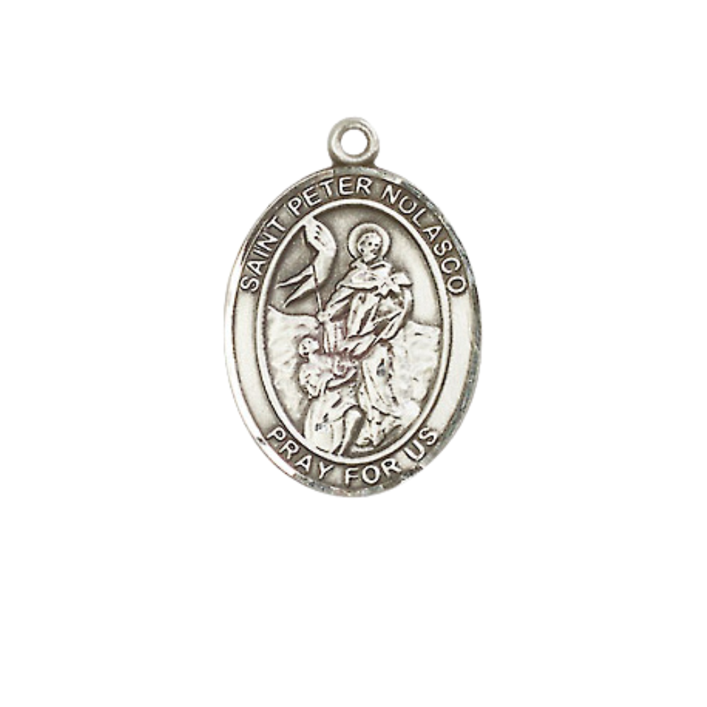 Everlasting Light Jewelry Medium Women's Pewter Saint Peter Nolasco Pendant Necklace on 18-inch Rhodium-Plated Lite Curb Brass Chain – Patron Saint of Ransomed Slaves – Velvet Gift Box Included