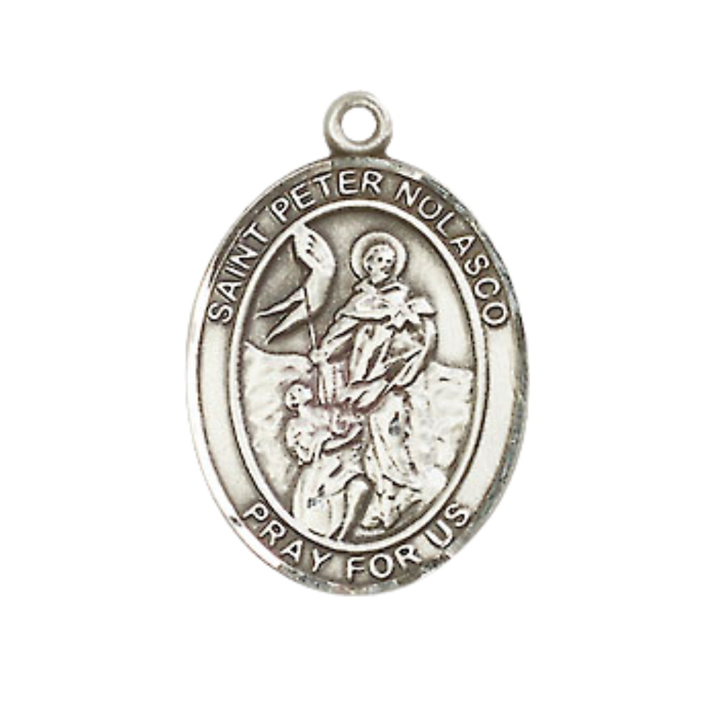 Everlasting Light Jewelry Medium Men's Pewter Saint St.Peter Nolasco Medal Pendant on 24 Inch Endless Rhodium Plated Heavy Curb Brass Chain, Catholic Religious Necklace -Made in USA- Deluxe Velvet Gift Box