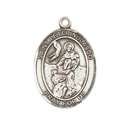 Everlasting Light Jewelry Medium Men's Pewter Saint St.Peter Nolasco Medal Pendant on 24 Inch Endless Rhodium Plated Heavy Curb Brass Chain, Catholic Religious Necklace -Made in USA- Deluxe Velvet Gift Box