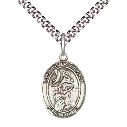 Everlasting Light Jewelry Medium Men's Pewter Saint St.Peter Nolasco Medal Pendant on 24 Inch Endless Rhodium Plated Heavy Curb Brass Chain, Catholic Religious Necklace -Made in USA- Deluxe Velvet Gift Box