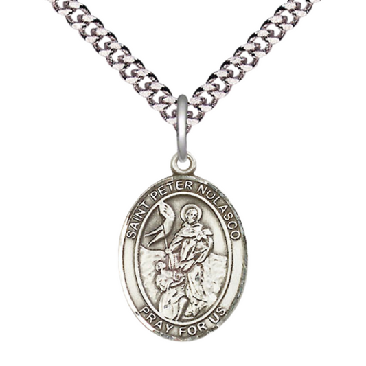 Everlasting Light Jewelry Medium Men's Pewter Saint St.Peter Nolasco Medal Pendant on 24 Inch Endless Rhodium Plated Heavy Curb Brass Chain, Catholic Religious Necklace -Made in USA- Deluxe Velvet Gift Box