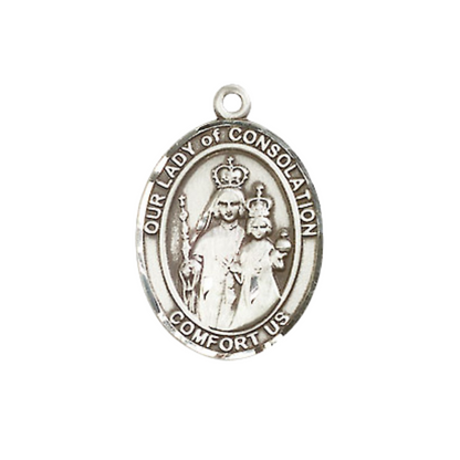Everlasting Light Jewelry Medium Women's Pewter Our Lady of Consolation Pendant Necklace on 18- inch Rhodium- Plated Lite Curb Brass Chain – Patroness of Comfort and Hope, Catholic Medal – Velvet Gift Box Included
