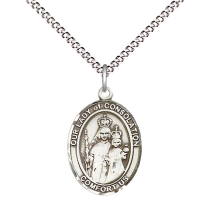 Everlasting Light Jewelry Medium Women's Pewter Our Lady of Consolation Pendant Necklace on 18- inch Rhodium- Plated Lite Curb Brass Chain – Patroness of Comfort and Hope, Catholic Medal – Velvet Gift Box Included