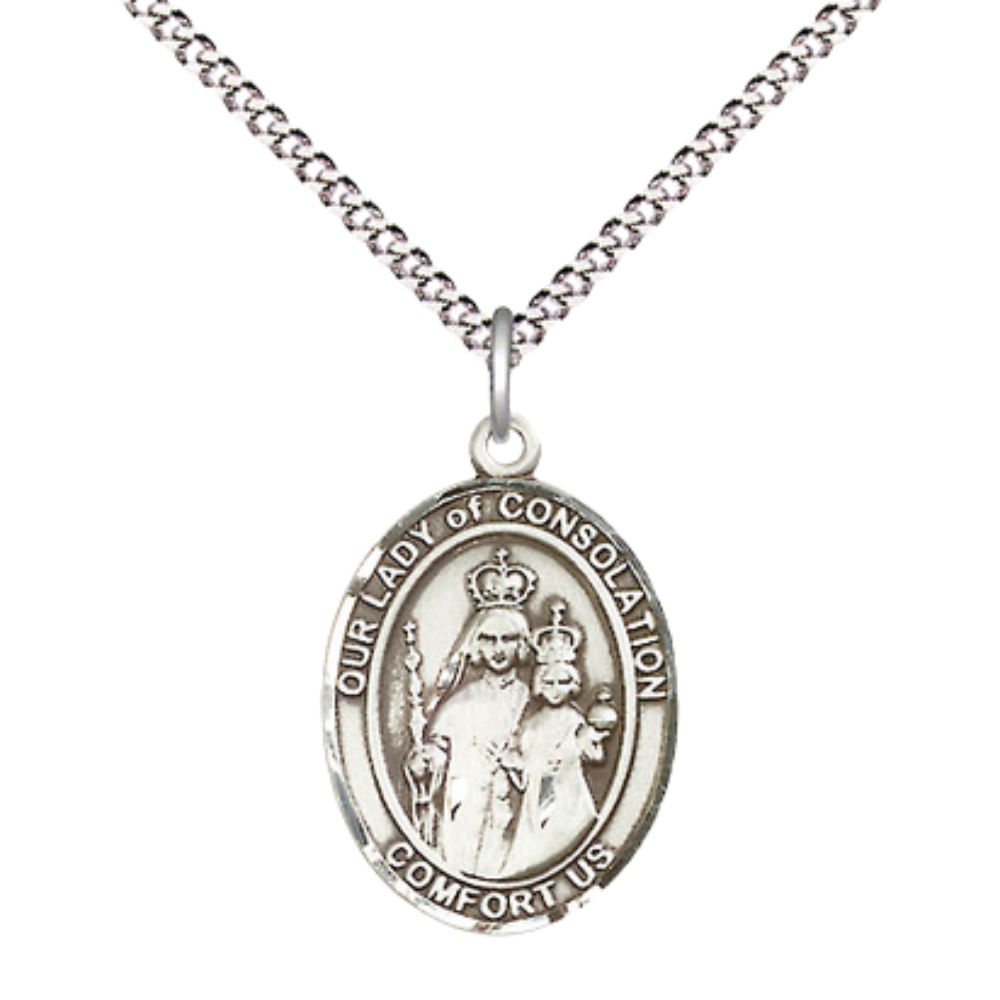 .925 Sterling Silver Our Lady of Consolation Medal Pendant on 18 Inch Rhodium Plated Lite Curb Brass Chain w/ Lobster Claw Clasp, Catholic Religious Necklace - Made in USA- Prayer Card Included