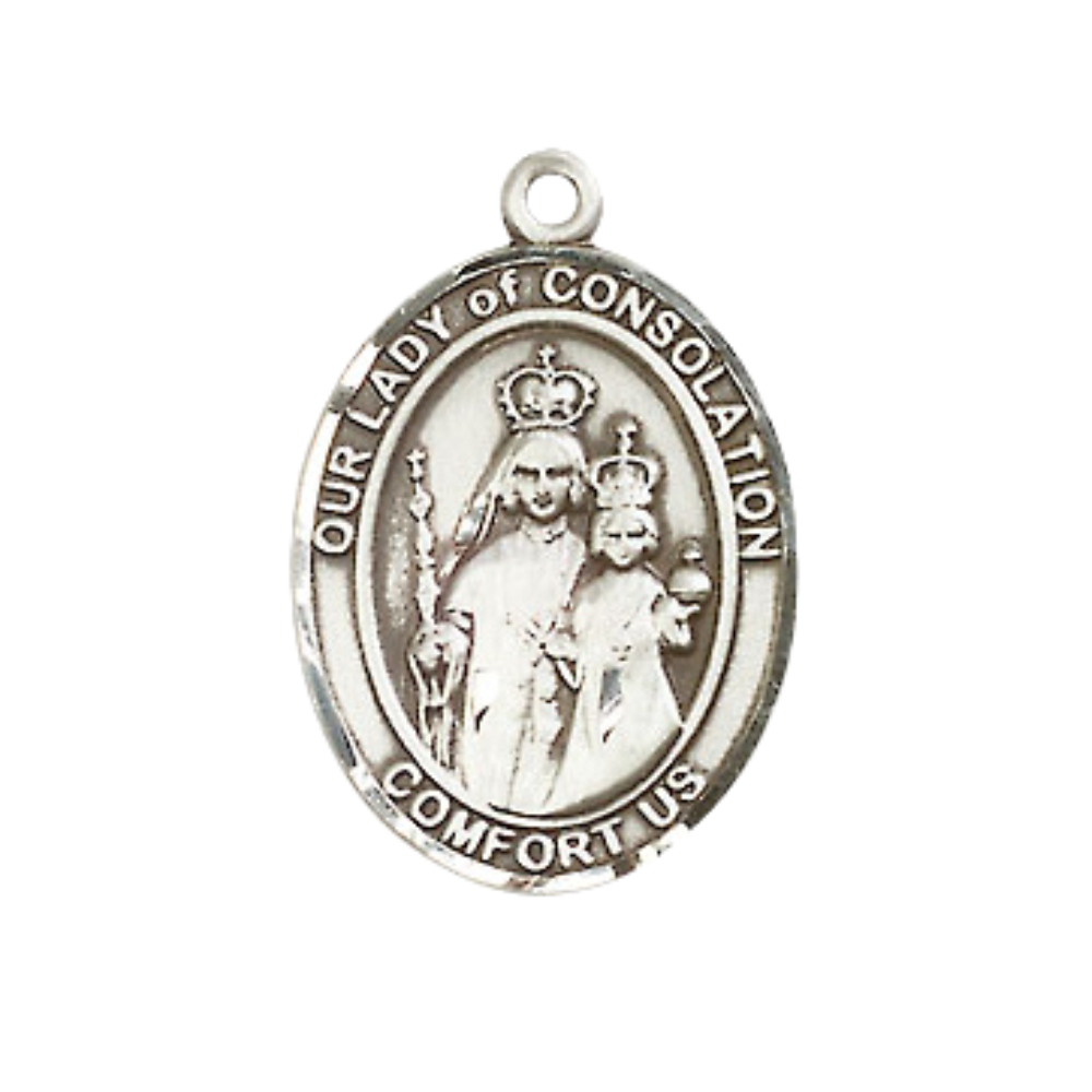 Everlasting Light Jewelry Medium Men's Pewter Our Lady of Consolation Medal Pendant on 24 Inch Endless Rhodium Plated Heavy Curb Brass Chain, Catholic Religious Necklace - Made in USA- Deluxe Velvet Gift Box