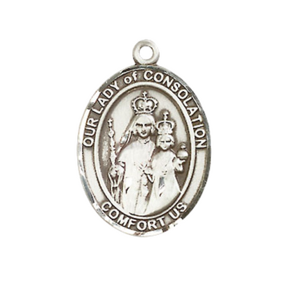 Mens Medium Oval Pewter Our Lady of Consolation Medal Pendant on 24 Inch Rhodium Plated Heavy Curb Brass Chain w/ Lobster Claw Clasp, Catholic Religious Necklace - Made in USA- Velvet Gift Box