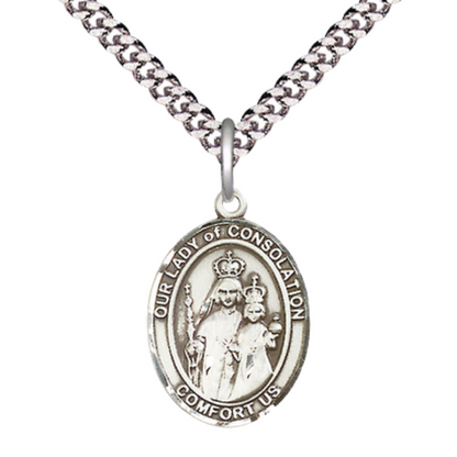 Medium Men's .925 Sterling Silver Our Lady of Consolation Medal Pendant on 24 Inch Endless Rhodium Plated Heavy Curb Brass Chain, Catholic Religious Necklace - Made in USA- Deluxe Velvet Gift Box