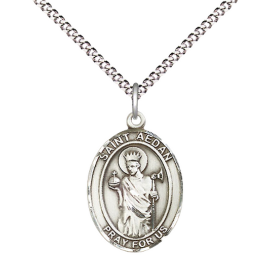 Everlasting Light Jewelry Medium Women's Sterling Silver Saint Aedan of Ferns Pendant Necklace on 18-inch Rhodium Plated Lite Curb Brass Chain – Patron Saint of Ferns & Ireland – Velvet Gift Box Included