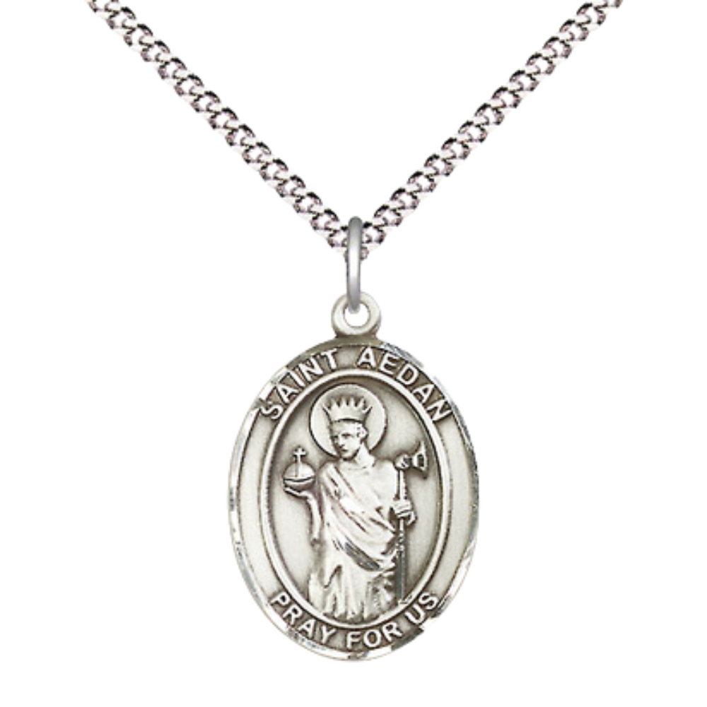 Everlasting Light Jewelry Medium Women's Pewter Saint St. Aedan of Ferns Pendant Necklace on 18- inch Rhodium- Plated Lite Curb Brass Chain – Patron Saint St. of Ferns & Ireland, Catholic Medal – Velvet Gift Box Included