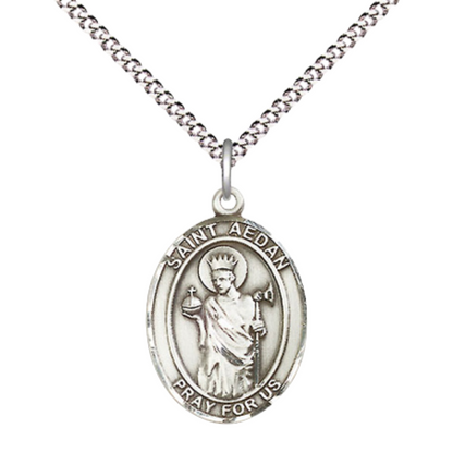 Everlasting Light Jewelry Medium Women's Pewter Saint St. Aedan of Ferns Pendant Necklace on 18- inch Rhodium- Plated Lite Curb Brass Chain – Patron Saint St. of Ferns & Ireland, Catholic Medal – Velvet Gift Box Included