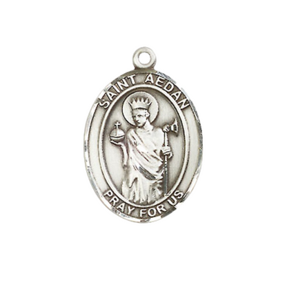 Mens Medium Oval Pewter Saint Aedan of Ferns Medal Pendant on 24" Rhodium Plated Heavy Curb Brass Chain w/ Lobster Claw Clasp, Catholic Religious Necklace -Made in USA-Velvet Gift Box