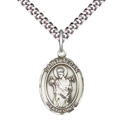 Everlasting Light Jewelry Medium Men's Pewter Saint St. Aedan of Ferns Medal Pendant on 24 Inch Endless Rhodium Plated Heavy Curb Brass Chain, Catholic Religious Necklace - Made in USA- Deluxe Velvet Gift Box