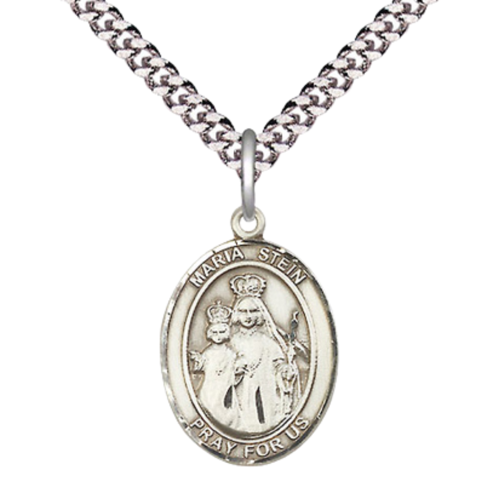 Medium Men's .925 Sterling Silver Marie Magdalen Postel Medal Pendant on 24 Inch Endless Rhodium Plated Heavy Curb Brass Chain, Catholic Religious Necklace - Made in USA- Deluxe Velvet Gift Box