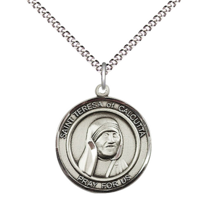 Everlasting Light Jewelry Medium Women's Pewter Saint St. Teresa of Calcutta Medal Pendant on 18 Inch Rhodium Plated Lite Curb Brass Chain w/Lobster Claw clasp, Made in USA, Catholic Medal - Deluxe Velvet Gift Box