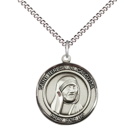 Everlasting Light Jewelry Medium Women's Pewter Saint St. Teresa of Calcutta Medal Pendant on 18 Inch Rhodium Plated Lite Curb Brass Chain w/Lobster Claw clasp, Made in USA, Catholic Medal - Deluxe Velvet Gift Box