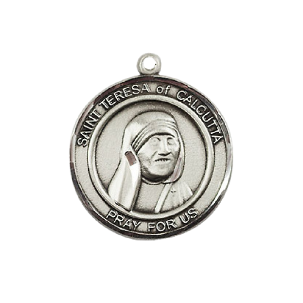 Medium Men's .925 Sterling Silver Saint St.Teresa of Calcutta Medal Pendant on 24 Inch Endless Rhodium Plated Heavy Curb Brass Chain, Catholic Religious Necklace -Made in USA- Deluxe Velvet Gift Box