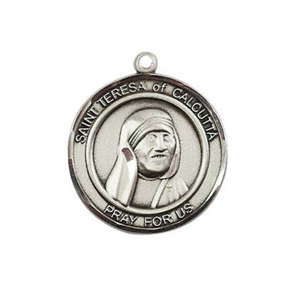 Medium Men's Pewter Saint St.Teresa of Calcutta Medal Pendant on 24 Inch Endless Rhodium Plated Heavy Curb Brass Chain, Catholic Religious Necklace -Made in USA- Deluxe Velvet Gift Box