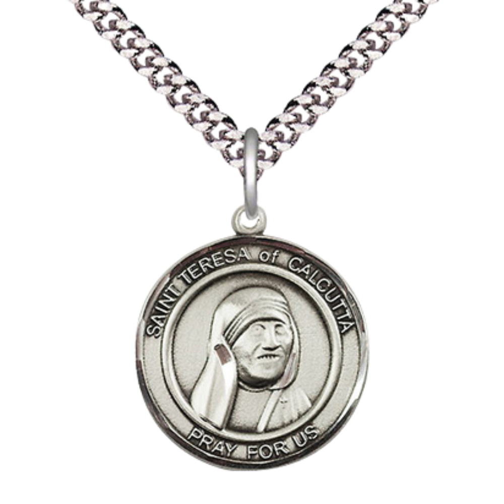 Medium Men's .925 Sterling Silver Saint St.Teresa of Calcutta Medal Pendant on 24 Inch Endless Rhodium Plated Heavy Curb Brass Chain, Catholic Religious Necklace -Made in USA- Deluxe Velvet Gift Box