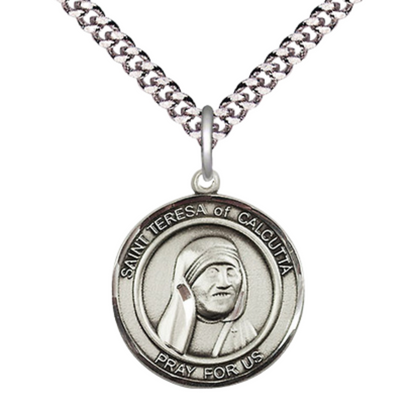 Medium Men's .925 Sterling Silver Saint St.Teresa of Calcutta Medal Pendant on 24 Inch Endless Rhodium Plated Heavy Curb Brass Chain, Catholic Religious Necklace -Made in USA- Deluxe Velvet Gift Box