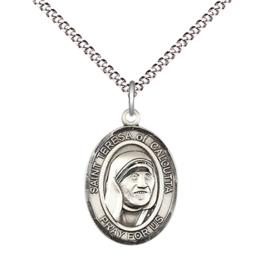 Everlasting Light Jewelry Medium Women's Sterling Silver Saint Teresa of Calcutta Pendant Necklace on 18-inch Rhodium Plated Lite Curb Brass Chain – Patron Saint of Charity – Velvet Gift Box Included