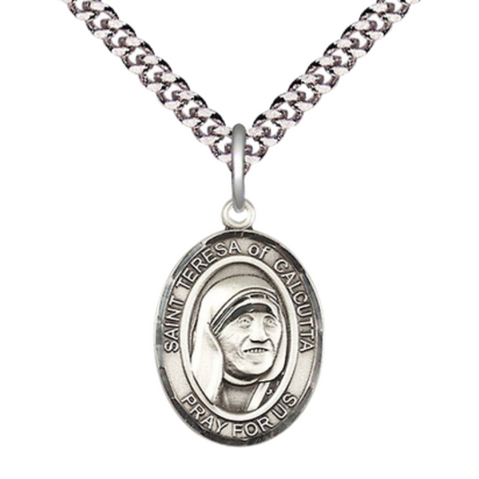 Medium Mens Oval .925 Sterling Silver Saint St. Teresa of Calcutta Medal Pendant on 24 Inch Rhodium Plated Heavy Curb Brass Chain w/ Lobster Claw Clasp, Catholic Religious Necklace- Made in USA- Velvet Gift Box