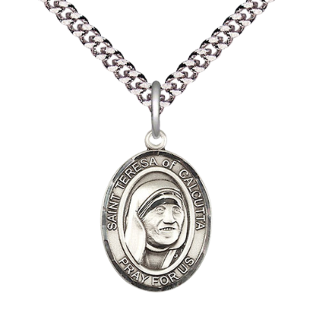 Medium Men's Pewter Saint St. Teresa of Calcutta Medal Pendant on 24 Inch Endless Rhodium Plated Heavy Curb Brass Chain, Catholic Religious Necklace - Made in USA- Deluxe Velvet Gift Box