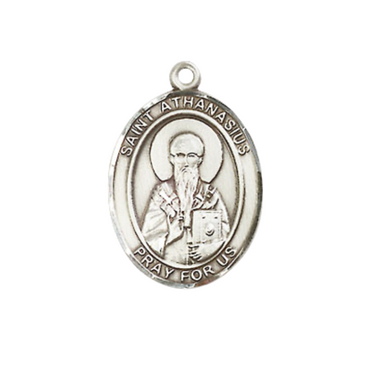 Mens Medium Oval Pewter Saint St. Athanasius Medal Pendant on 24 Inch Rhodium Plated Heavy Curb Brass Chain with Lobster Claw Clasp, Catholic Religious Necklace - Made in USA- Deluxe Velvet Gift Box