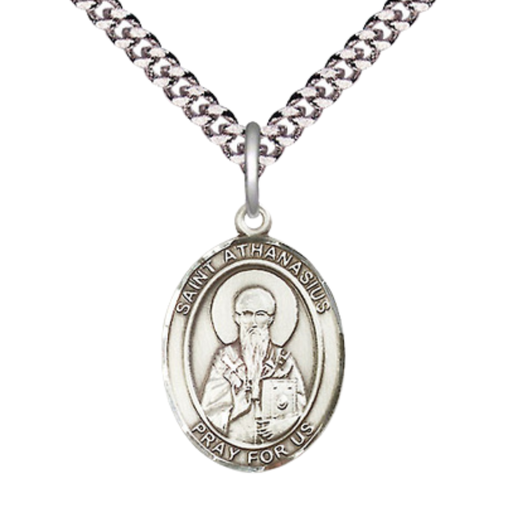 Medium Men's .925 Sterling Silver Saint St. Athanasius Medal Pendant on 24 Inch Endless Rhodium Plated Heavy Curb Brass Chain, Catholic Religious Necklace - Made in USA- Deluxe Velvet Gift Box