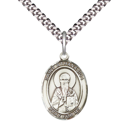 Mens Medium Oval .925 Sterling Silver Saint St. Athanasius Medal Pendant on 24 Inch Rhodium Plated Heavy Curb Brass Chain w/ Lobster Claw Clasp, Catholic Religious Necklace - Made in USA- Velvet Gift Box