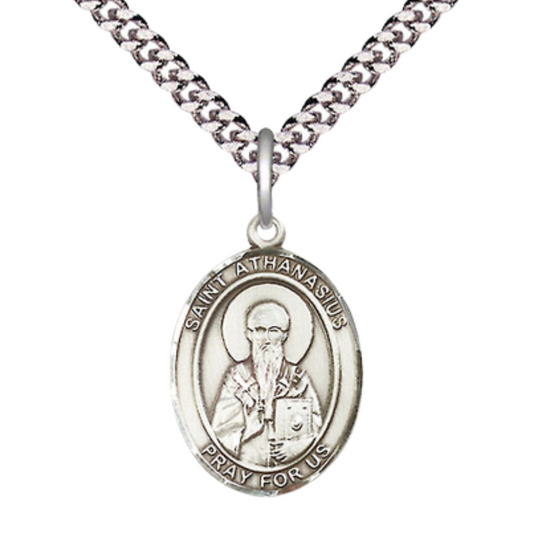 Mens Medium Oval .925 Sterling Silver Saint St. Athanasius Medal Pendant on 24 Inch Rhodium Plated Heavy Curb Brass Chain w/ Lobster Claw Clasp, Catholic Religious Necklace - Made in USA- Velvet Gift Box