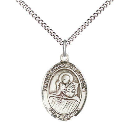 Everlasting Light Jewelry Medium Women's Sterling Silver Saint Lidwina of Schiedam Pendant Necklace on 18-inch Rhodium Plated Lite Curb Brass Chain – Patron Saint of Ice Skating – Velvet Gift Box Included