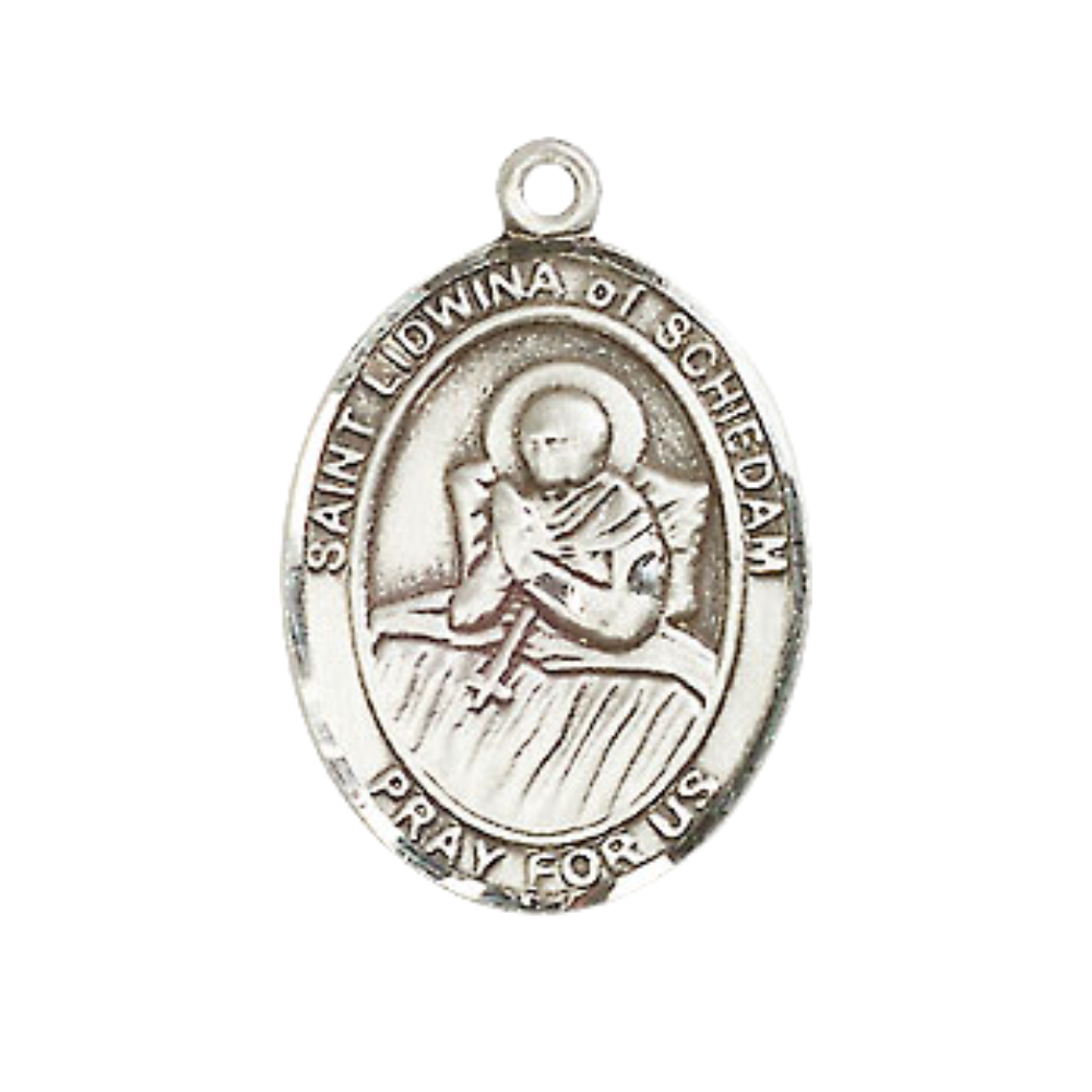 Medium Men's Pewter Saint St. Lidwina of Schiedam Medal Pendant on 24 Inch Endless Rhodium Plated Heavy Curb Brass Chain, Catholic Religious Necklace - Made in USA- Deluxe Velvet Gift Box