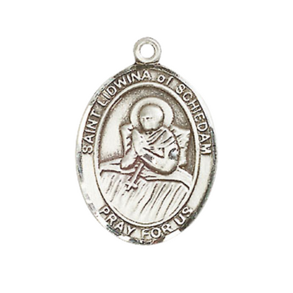 Mens Medium Oval Pewter Saint St. Lidwina of Schiedam Medal Pendant on 24 Inch Rhodium Plated Heavy Curb Brass Chain w/ Lobster Claw Clasp, Catholic Religious Necklace - Made in USA- Velvet Gift Box
