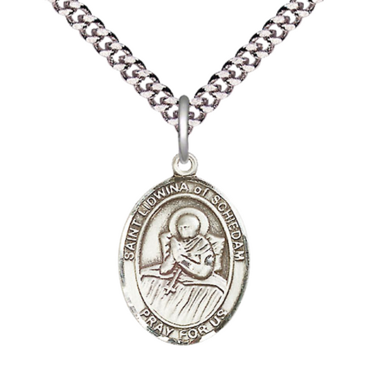 Medium Men's .925 Sterling Silver Saint St. Lidwina of Schiedam Medal Pendant on 24 Inch Endless Rhodium Plated Heavy Curb Brass Chain, Catholic Religious Necklace - Made in USA- Deluxe Velvet Gift Box