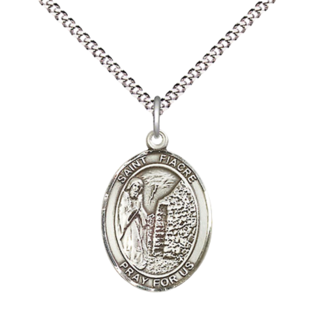 Everlasting Light Jewelry Medium Women's .925 Sterling Silver Saint St. Fiacre Pendant Necklace on 18- inch Rhodium Plated Lite Curb Brass Chain – Patron Saint St. of Gardeners, Catholic Medal – Velvet Gift Box Included