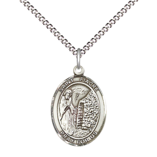 Everlasting Light Jewelry Medium Women's .925 Sterling Silver Saint St. Fiacre Pendant Necklace on 18- inch Rhodium Plated Lite Curb Brass Chain – Patron Saint St. of Gardeners, Catholic Medal – Velvet Gift Box Included