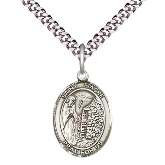 Medium Men's .925 Sterling Silver Saint St. Fiacre Medal Pendant on 24 Inch Endless Rhodium Plated Heavy Curb Brass Chain, Catholic Religious Necklace - Made in USA- Deluxe Velvet Gift Box