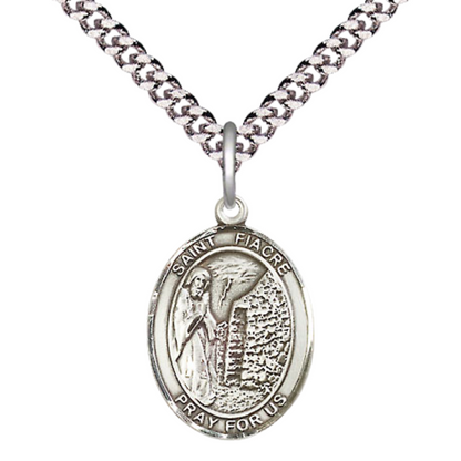 Mens Medium Oval Pewter Saint St. Fiacre Medal Pendant on 24 Inch Rhodium Plated Heavy Curb Brass Chain with Lobster Claw Clasp, Catholic Religious Necklace - Made in USA- Deluxe Velvet Gift Box