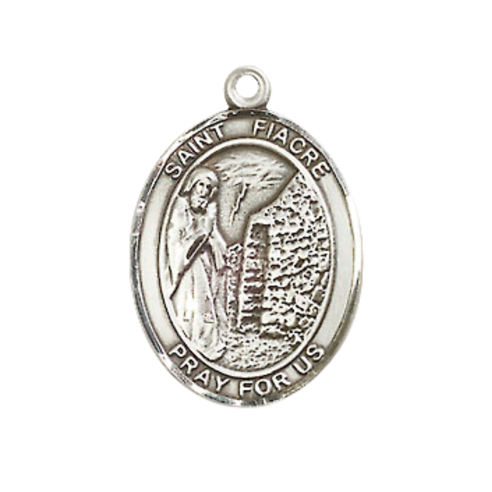 Everlasting Light Jewelry Medium Men's Pewter Saint St. Fiacre Medal Pendant on 24 Inch Endless Rhodium Plated Heavy Curb Brass Chain, Catholic Religious Necklace - Made in USA- Deluxe Velvet Gift Box