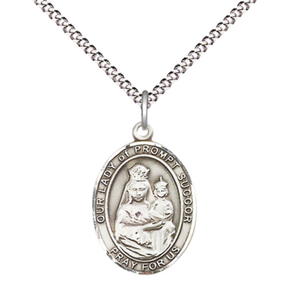 .925 Sterling Silver Our Lady of Prompt Succor Medal Pendant on 18 Inch Rhodium Plated Lite Curb Brass Chain w/ Lobster Claw Clasp, Catholic Religious Necklace - Made in USA- Prayer Card Included
